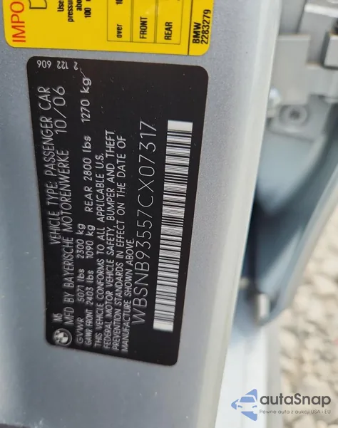 2007 BMW M5 z USA, uszkodzony, nr VIN WBSNB93557CX07317